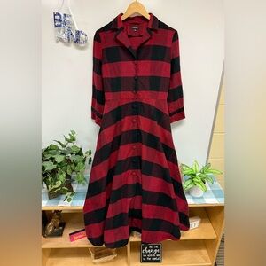 J Peterman Buffalo Check Red Black Cotton Flannel Dress 8 Christmas Holiday Med